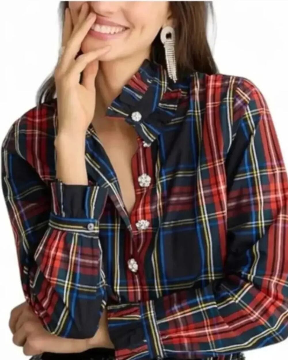 J. Crew Classic-fit Ruffleneck Jewel-Button Popover in Stewart Tartan Size 4